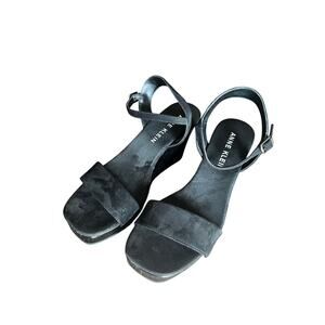 Anne Klein Platform Wedge Heel Sandals Black Suede Shoes Size 8.5 M